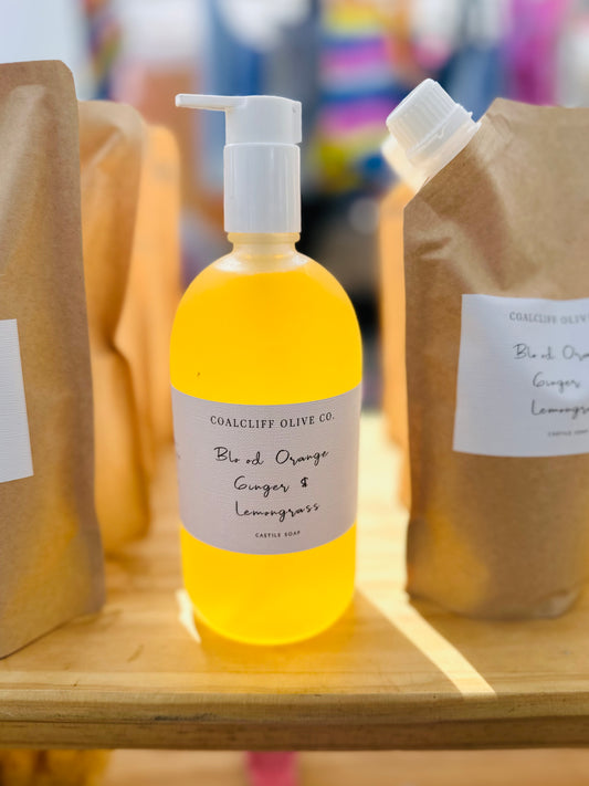 Handmade Blood Orange, Lemongrass & Ginger Castile Soap – 500ml Glass Bottle | Organic & Luxury Natural Soap