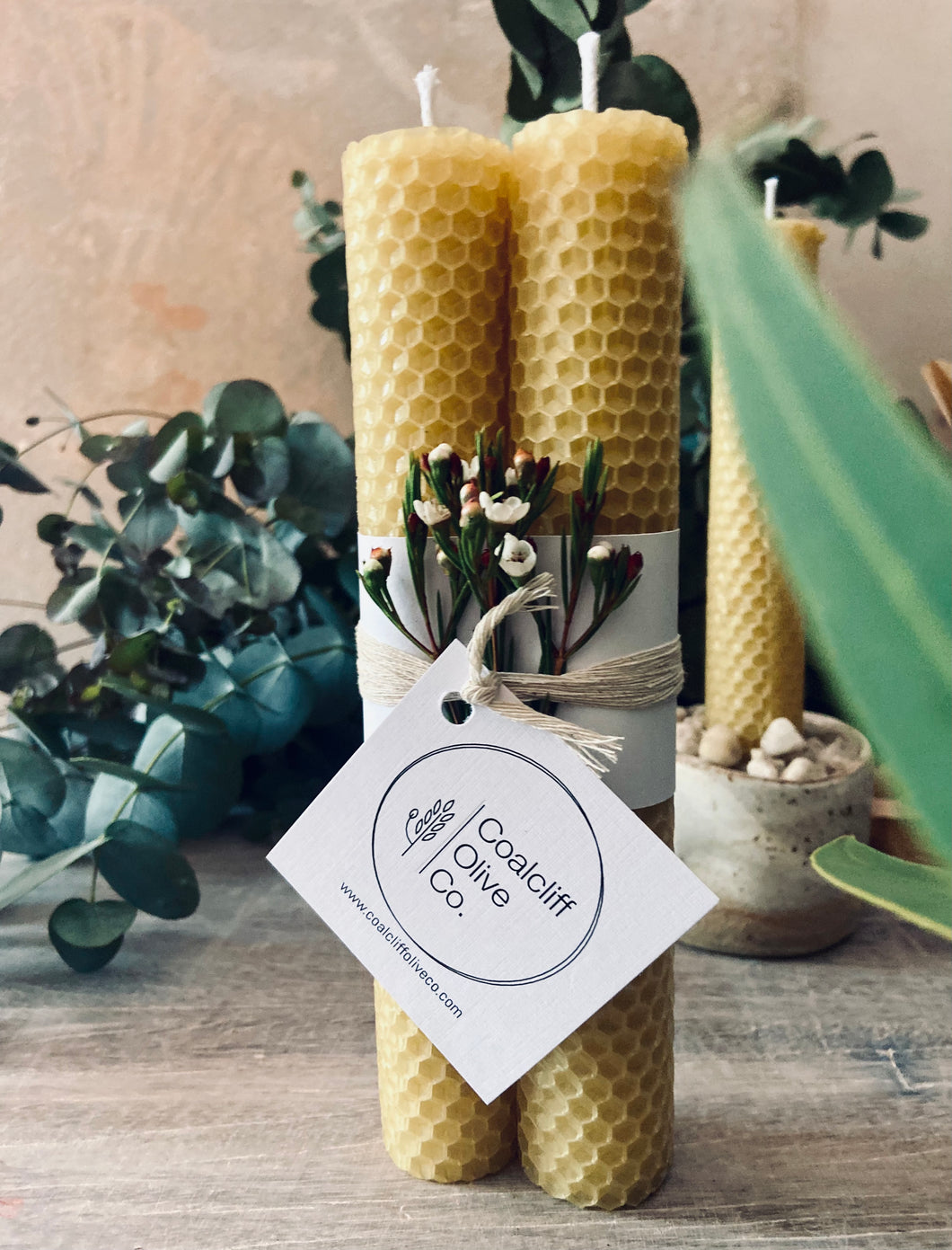 Hand rolled Bees wax pillar candles 2 pieces